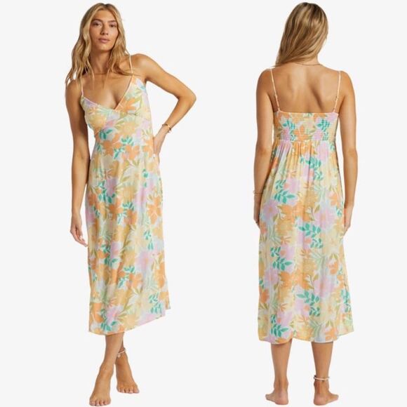 Billabong Summer Shine Midi Dress Size Small Colorful Floral Sundress Slip Beach - Picture 1 of 13